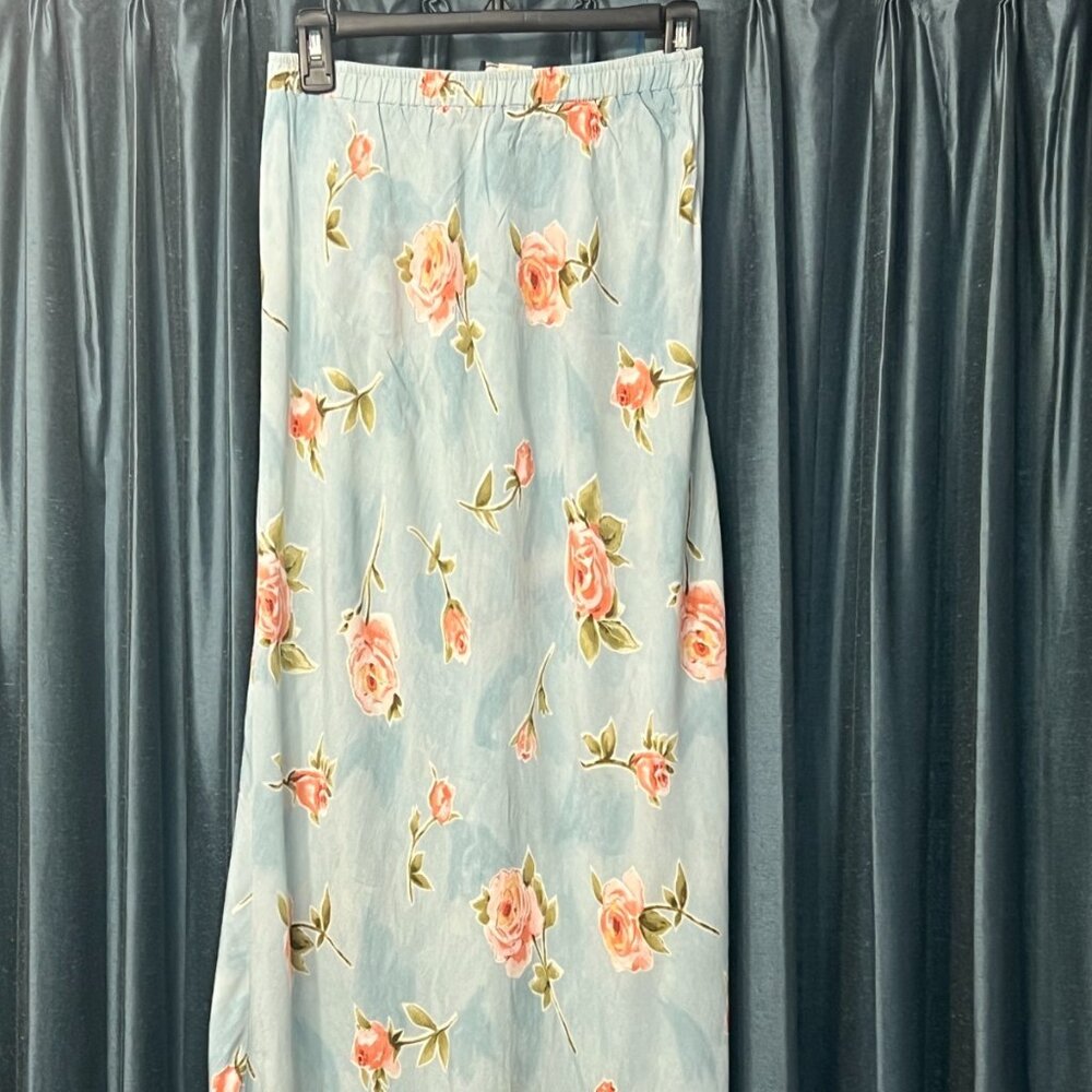 VTG 90s Carol Anderson Maxi Skirt Mint Green Sz. M Rose Pattern 100% Rayon USA